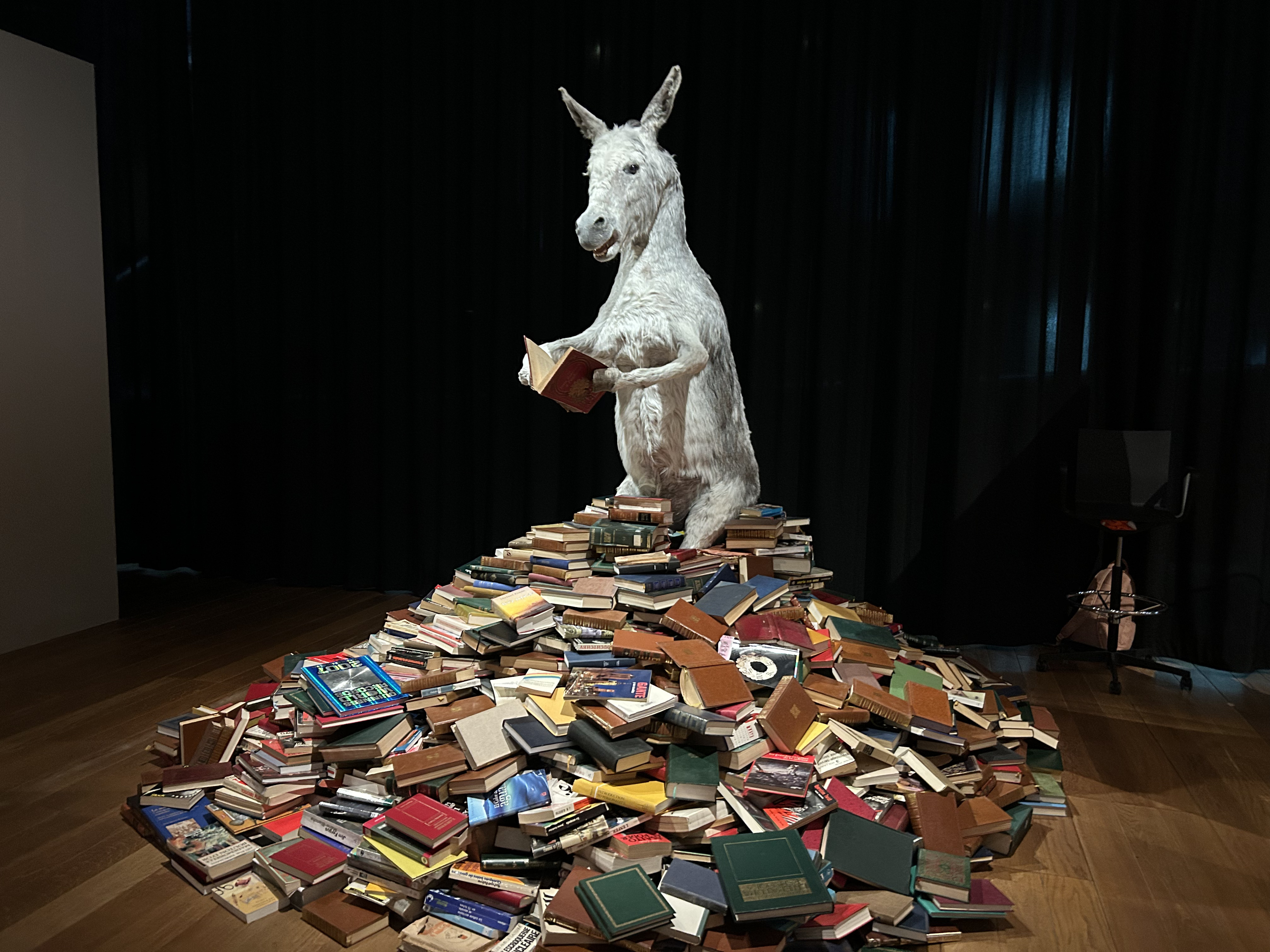 Sculpture d'un âne géant sur un tas de livre