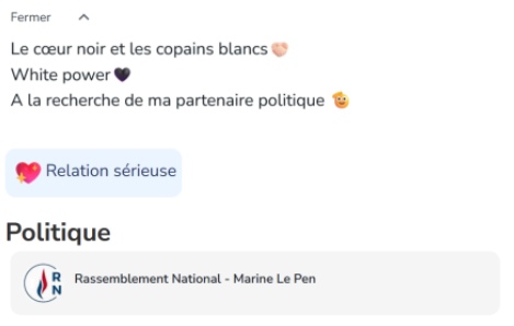 Pour séduire, Tomyfun met en avant son attrait pour le suprémacisme blanc. 