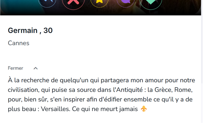 Germain cherche son âme sœur en mettant en avant l'argumentaire raciste d'une civilisation Occidentale plus puissante que les autres, basée sur la théorie du "Choc des civilisations" de Samuel Huntington. 