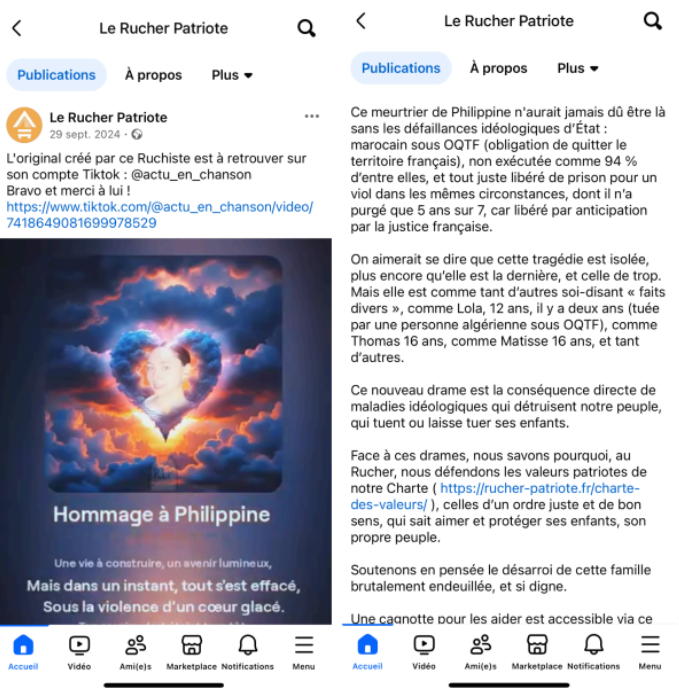 Sur Facebook, le Rucher Patriote instrumentalise le meurtre de Philippine