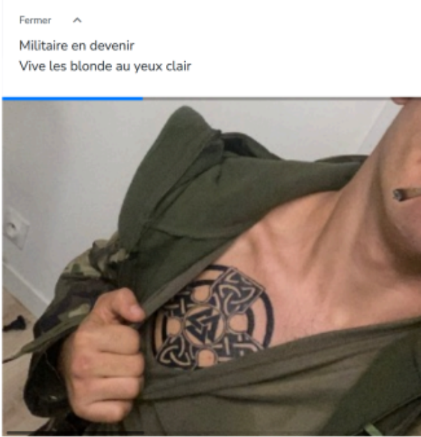 Nicolas met en avant ses tatouages triangles valknut et triquetra, symboles réutilisés par les suprémacistes blancs.  